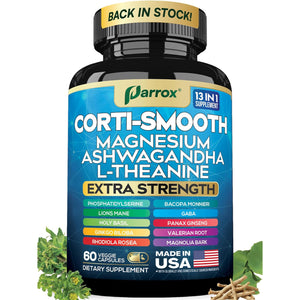 Corti-Smooth Cortisol Supplement Magnesium, L-Theanine, Ashwagandha, Phosphatidylserine, Valerian Root, Lions Mane, Bacopa Monnieri, Ginkgo Biloba, Panax Ginseng, Magnolia Bark, GABA (60 Caps)