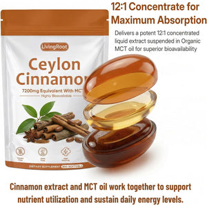 Living Root Ceylon Cinnamon - 300 Softgels 7200Mg Equivalent with MCT Oil, Livingroot Organic Ceylon Cinnamon Powder Supplement for Supports Metabolism, Liver Function & Energy (1)