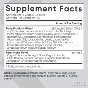 Sports Research Daily Probiotics with Prebiotics, 60 Billion CFU - Vegan Capsules for Gut Health & Digestive Support, Probiotics for Women & Men - Non-Gmo Verified & Gluten Free - 30 Count