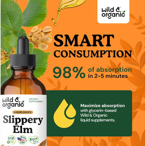 Wild & Organic Slippery Elm Liquid Drops - Lung, Digestive & Women'S Support - Slippery Elm Bark Supplement - Add to Tea Tincture - Ulmus Rubra Herb - Vegan, Sugar & Alcohol-Free - 4 Fl Oz