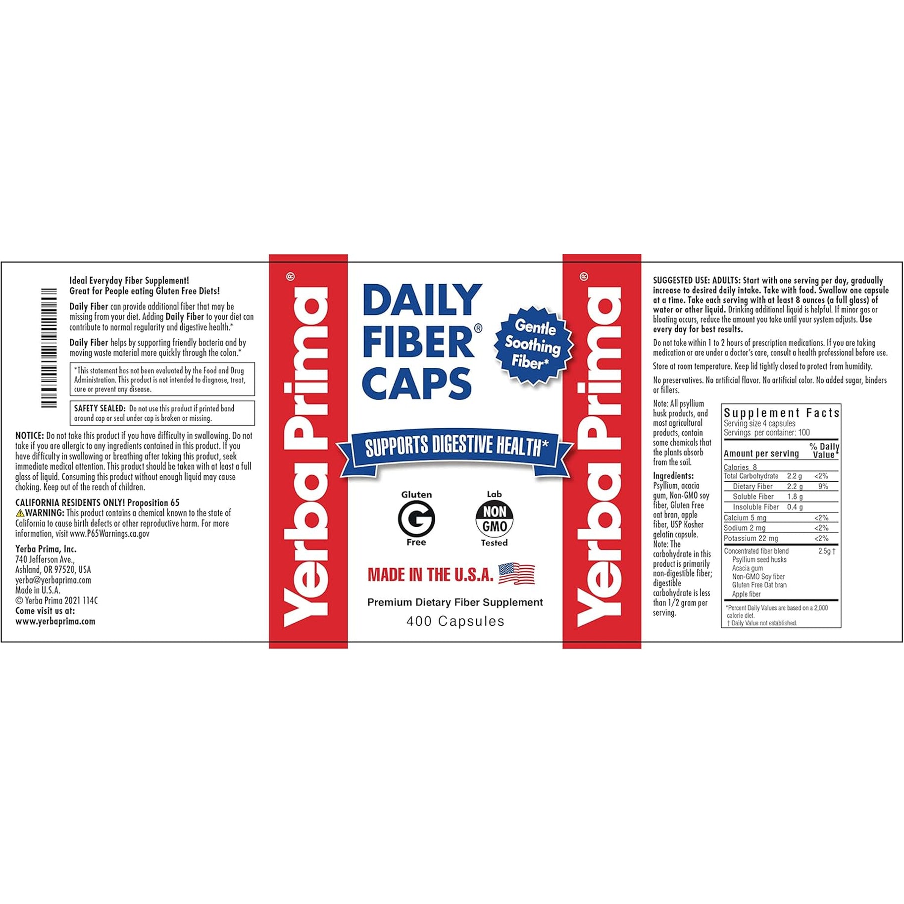 Yerba Prima Daily Fiber Caps Formula, 400 Capsules - Both Soluble and Insoluble - with Psyllium Seed Husks, Acacia Gum, Apple Fiber and More - Dietary Supplement