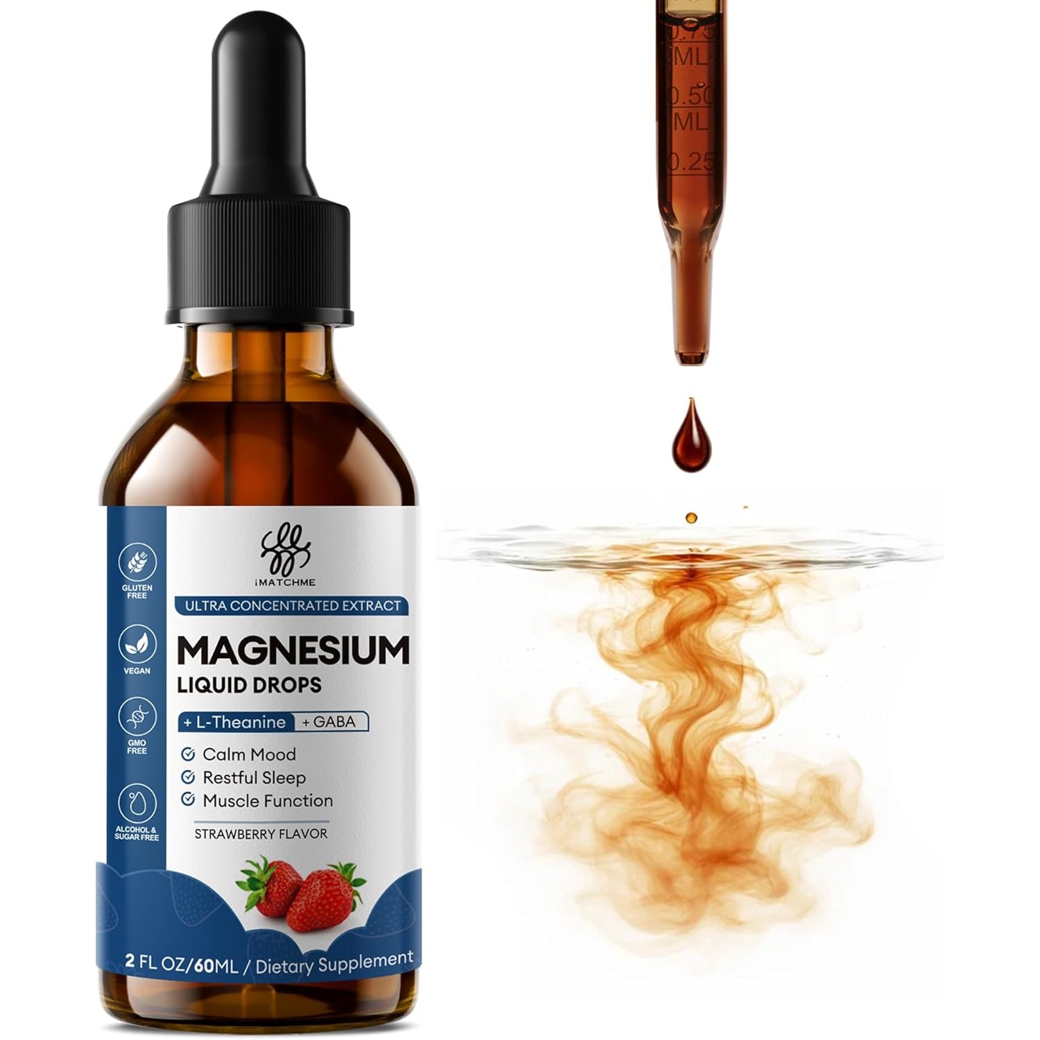 Liquid Magnesium Glycinate Drops for Sleep Support & Nighttime Calm,Magnesium Drops with Chamomile, Ashwagandha, L-Theanine & GABA for Relaxation Support, Gentle Absorption, Strawberry Flavor, 2 Fl Oz