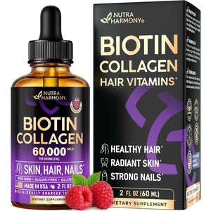 Liquid Biotin & Collagen 60,000 Mcg - Vitamins for Hair Growth Support - Extra Strength Drops for Women & Men - Liquid Collagen Supplement - Strong Nails & Healthy Skin - Raspberry Flavor, 2 Fl Oz