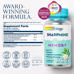 SOLARAY Sharpmind Memory Formula - Brain Supplements for Memory and Focus - Cognivia, Gotu Kola & Chaga Mushroom Supplement - Ginkgo Biloba Alternative - 60-Day Guarantee - 30 Servings, 60 Vegcaps