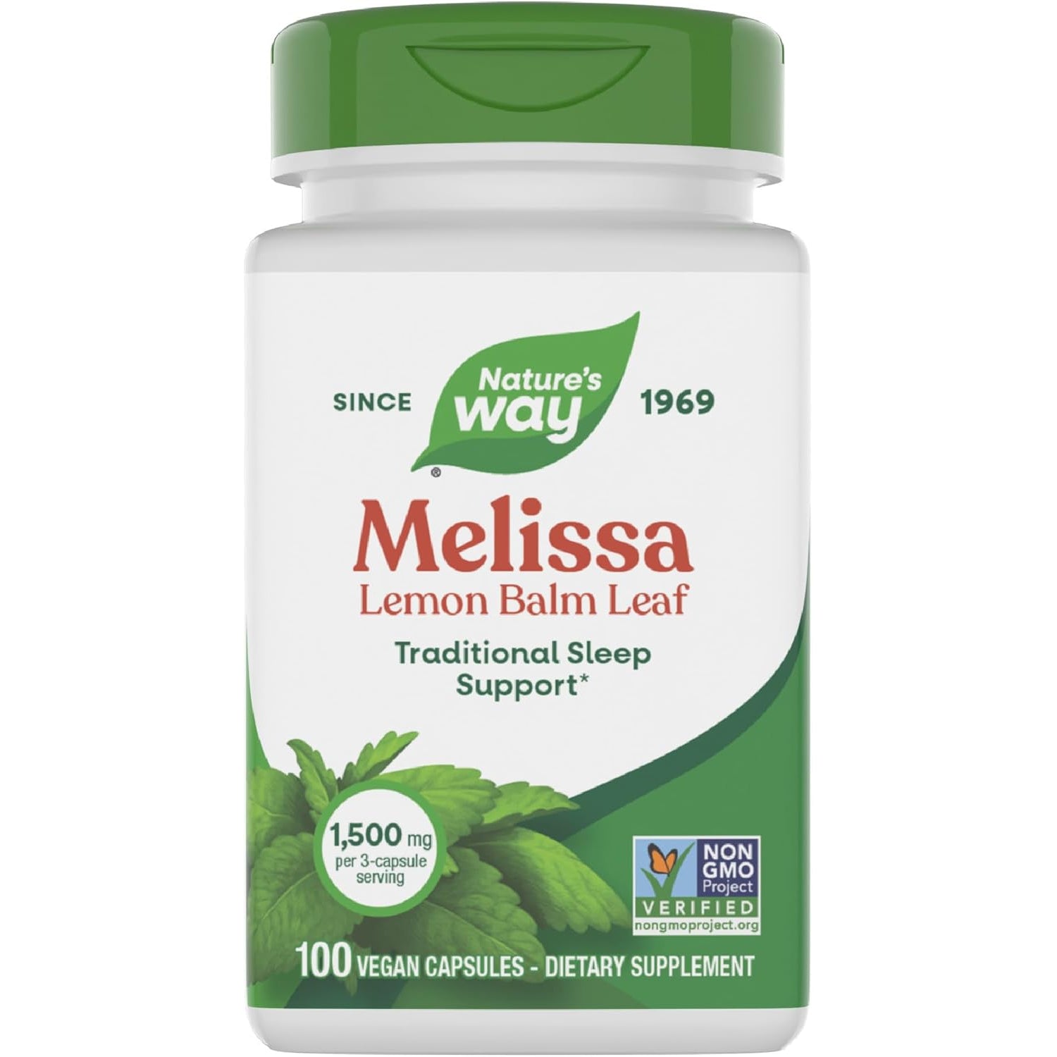 Nature'S Way Melissa Lemon Balm Leaf, Traditional Sleep Support*, Melatonin Free, 1500 Mg per 3-Capsule Serving, Non-Gmo Project Verified, 100 Vegan Capsules (Packaging May Vary)