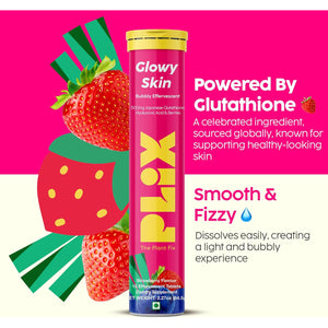 PLIX Glowy Skin 500Mg Glutathione Supplement with Hyaluronic Acid, Vitamin C, E & Berries | 30 Effervescent Tablets, Strawberry Flavor