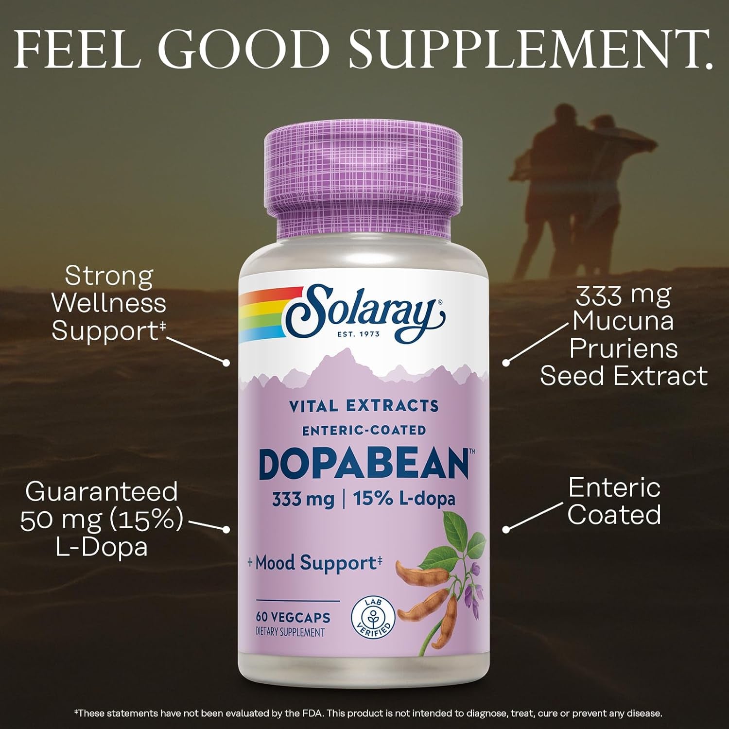SOLARAY Dopabean 333Mg - Mucuna Pruriens L-Dopa - Wellness Support Supplement - Velvet Beans Seed Extract with 15% L Dopa plus Alpha Galactosidase - Enteric Coated, 60-Day Guarantee - 60 Servings