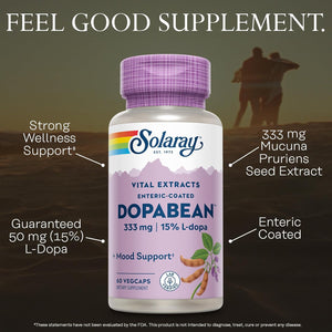 SOLARAY Dopabean 333Mg - Mucuna Pruriens L-Dopa - Wellness Support Supplement - Velvet Beans Seed Extract with 15% L Dopa plus Alpha Galactosidase - Enteric Coated, 60-Day Guarantee - 60 Servings