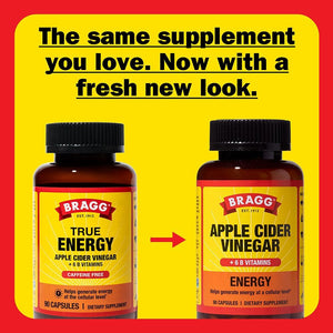 Bragg Energy Apple Cider Vinegar Capsules with B-12 Vitamins - 90 Capsules - Weight Management - Non-Gmo, Vegan, Gluten Free, No Sugar - Helps Generate Energy at Cellular Level for Men and Women