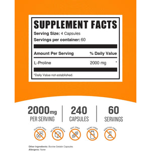Bulksupplements.Com L-Proline Capsules - Amino Acid Supplement, L-Proline 2000Mg, Proline Supplements - Gluten Free, 4 Capsules per Serving, 240 Count (Pack of 1)