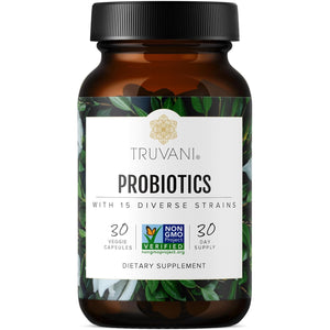 Truvani Probiotic Supplement | 30 Servings | 15 Billion CFU | 15 Diverse Strains for Digestive, Immune & Brain Health Support | Shelf-Stable Vegan Capsules | Non-Gmo, No Fillers