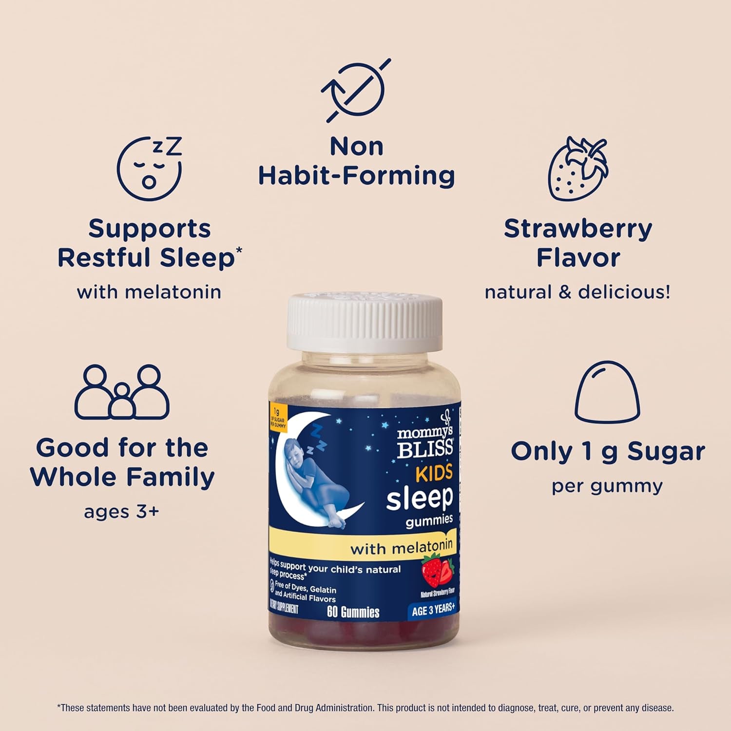 Mommy'S Bliss Kids Sleep Melatonin Gummies, No Artificial Colors, Flavors or Gelatin, Strawberry Flavor Children'S Melatonin Gummies, Age 3+, 60 Count