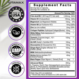 Sciatic Nerve Health Support - Sciatic Nerve Supplement Capsules with Folic Acid, Pea, Glucosamine, MSM, Vitamin B Complex, Alpha Lipoic Acid 300Mg – 60Ct – Made in USA