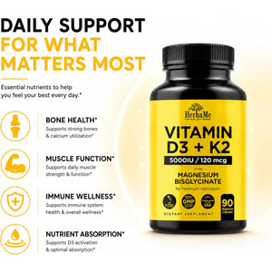Herbame Vitamin D3 5000 IU + K2 with Magnesium Bisglycinate | Complete D3 Activation & Absorption Support Formula | Bone, Muscle & Immune Wellness | 90 Capsules