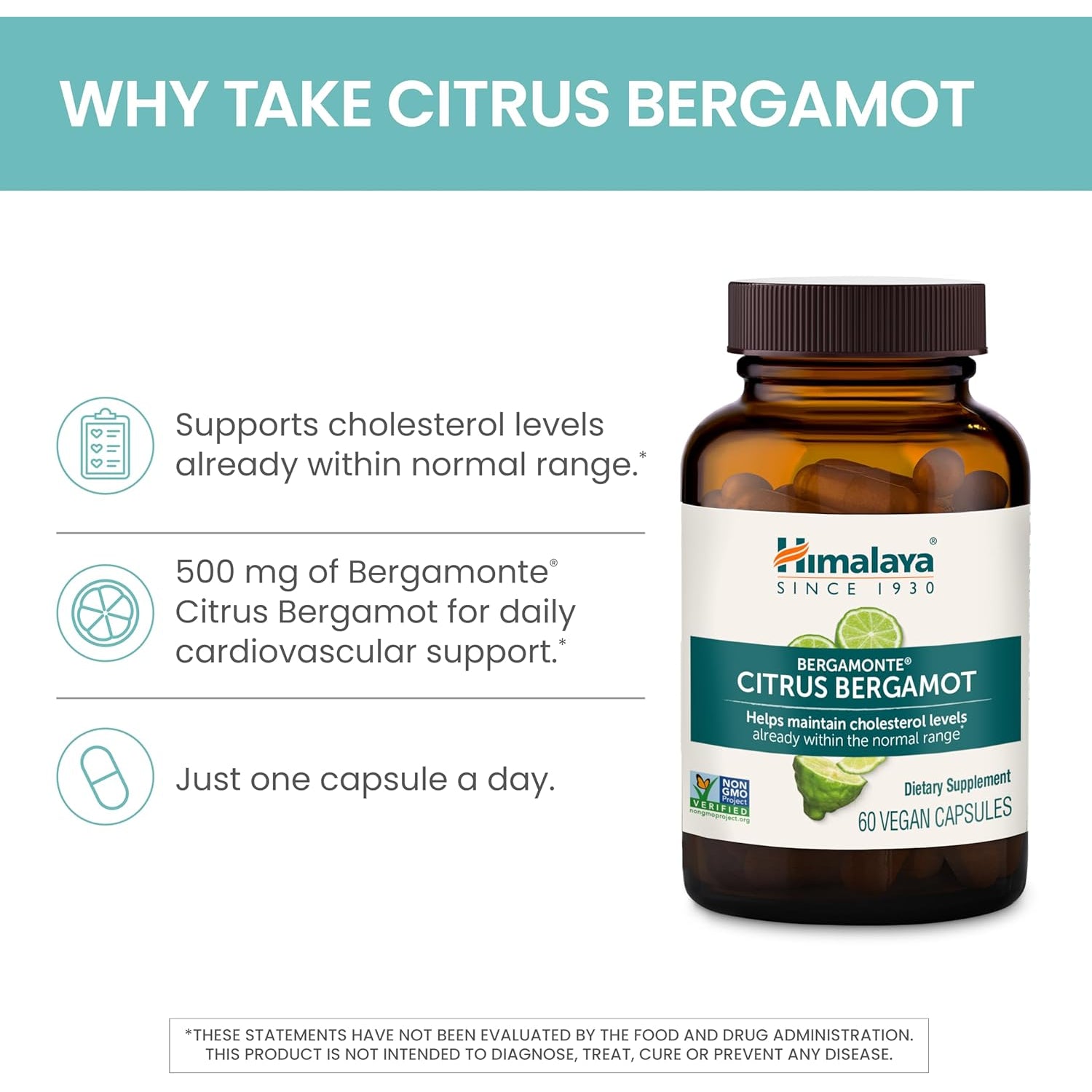 Himalaya Citrus Bergamot, Herbal Supplement for Daily Wellness, Vegan, Gluten Free, 500 Mg Bergamonte® Extract, 60 Capsules