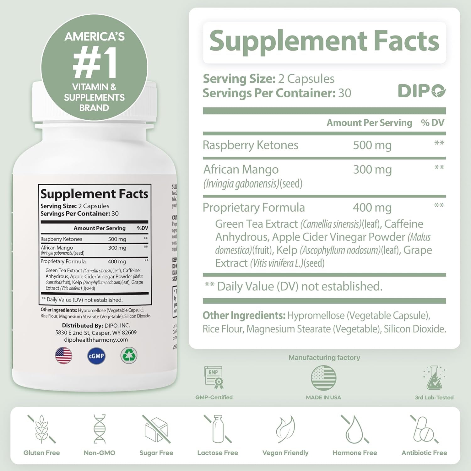 DIPO Raspberry Ketones Ultra 500Mg with African Mango Seed, Green Tea Extract & Apple Cider Vinegar - Metabolism & Healthy Weight Management Supplement for Women & Men - Vegan Non-Gmo, 60 Capsules