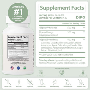 DIPO Raspberry Ketones Ultra 500Mg with African Mango Seed, Green Tea Extract & Apple Cider Vinegar - Metabolism & Healthy Weight Management Supplement for Women & Men - Vegan Non-Gmo, 60 Capsules