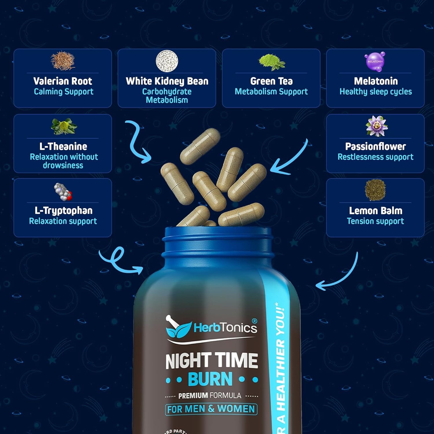 Herbtonics Night Time Burn & Sleep Complex Supports Overnight Metabolism, Stress Relief & Deep Sleep. Includes Melatonin, Valerian and Green Tea – Vegan Bedtime Weight Management (120 Capsules)