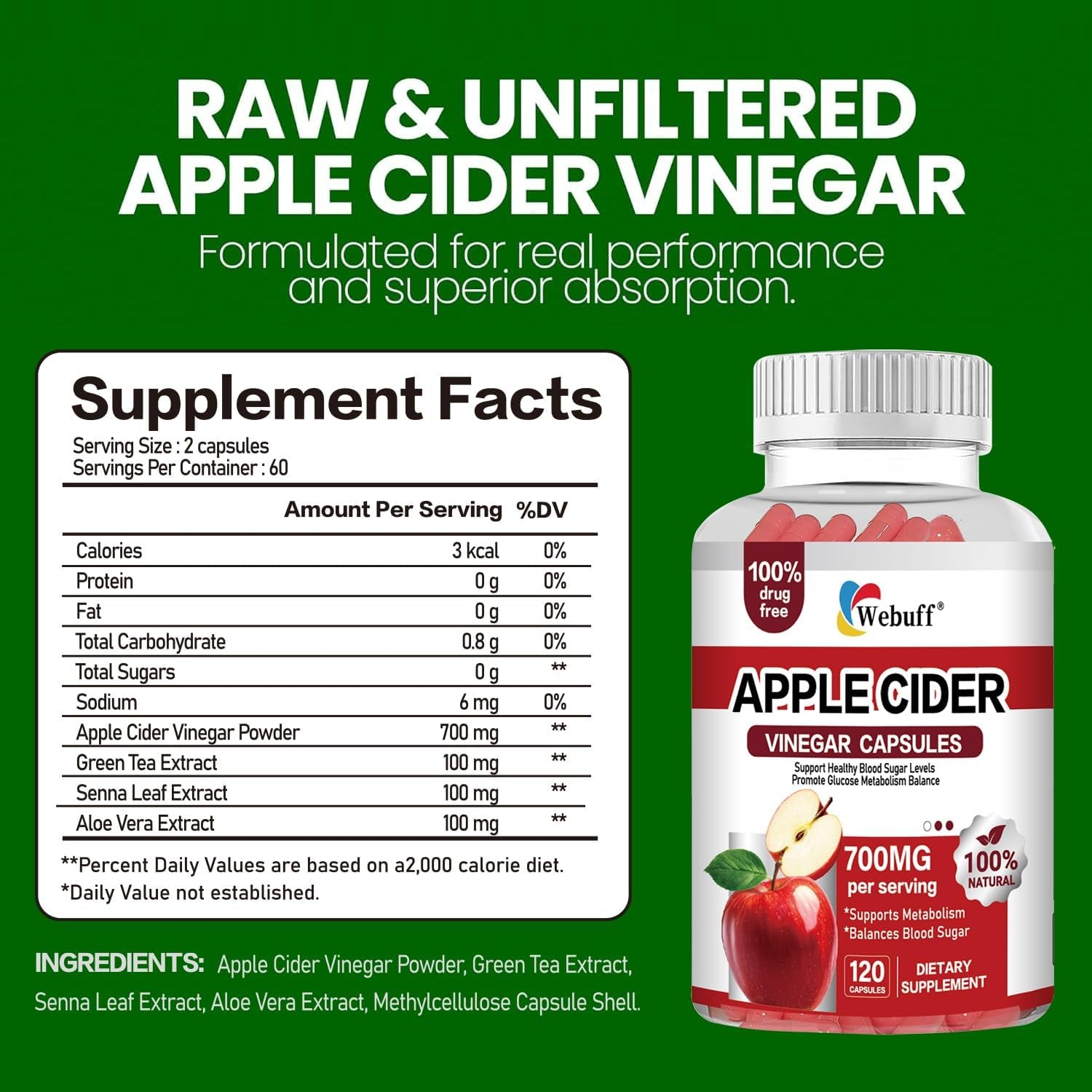 Apple Cider Vinegar Capsules 700Mg - 120 Count | Extra Strength ACV with the Mother | Supports Weight Management, Digestion, Metabolism & Immune | Vegan, Non-Gmo, Gluten-Free (Pack of 1)