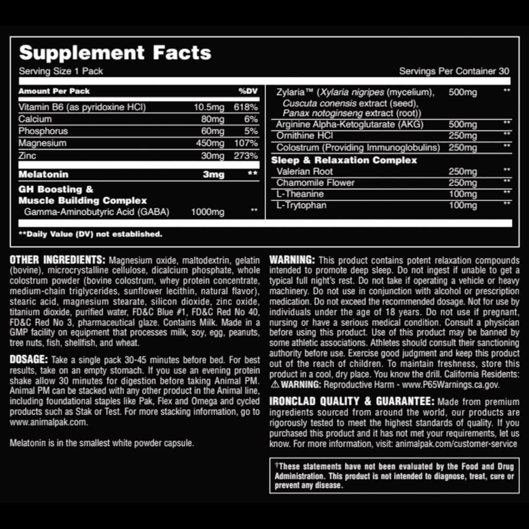 Animal PM - Sleep Aid for Adults Non-Habit Forming Relaxation Enhancer and Mood Support with Melatonin, L-Theanine, Zylaria, Zinc, Magnesium, Vitamin B6, GABA + AKG Anabolic Stack Supply, 30 Count