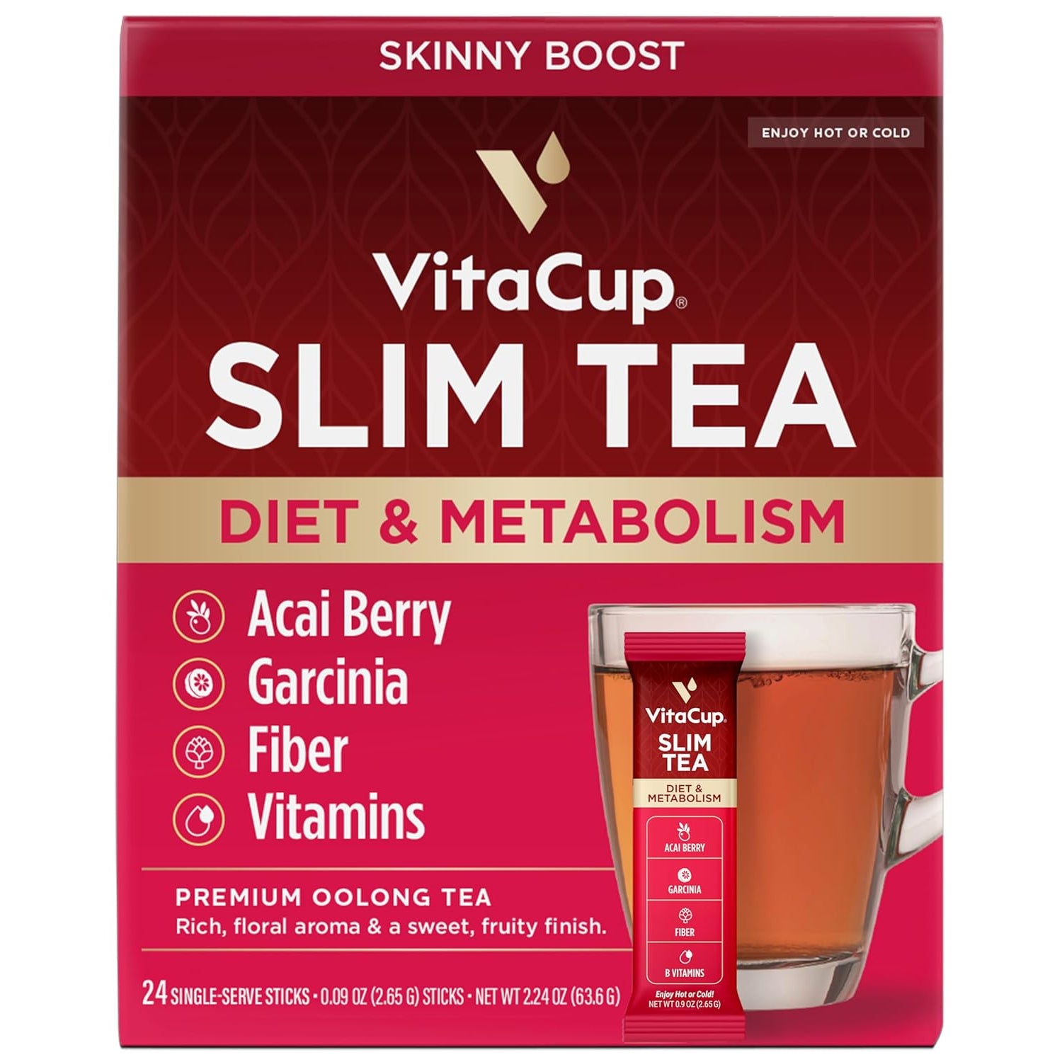 Vitacup Slim Instant Tea Packets for Diet Support, Oolong Tea W/B Vitamins, Garcinia, Inulin & Acai, On-The-Go Instant Sticks, 24 Ct