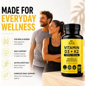 Herbame Vitamin D3 5000 IU + K2 with Magnesium Bisglycinate | Complete D3 Activation & Absorption Support Formula | Bone, Muscle & Immune Wellness | 90 Capsules