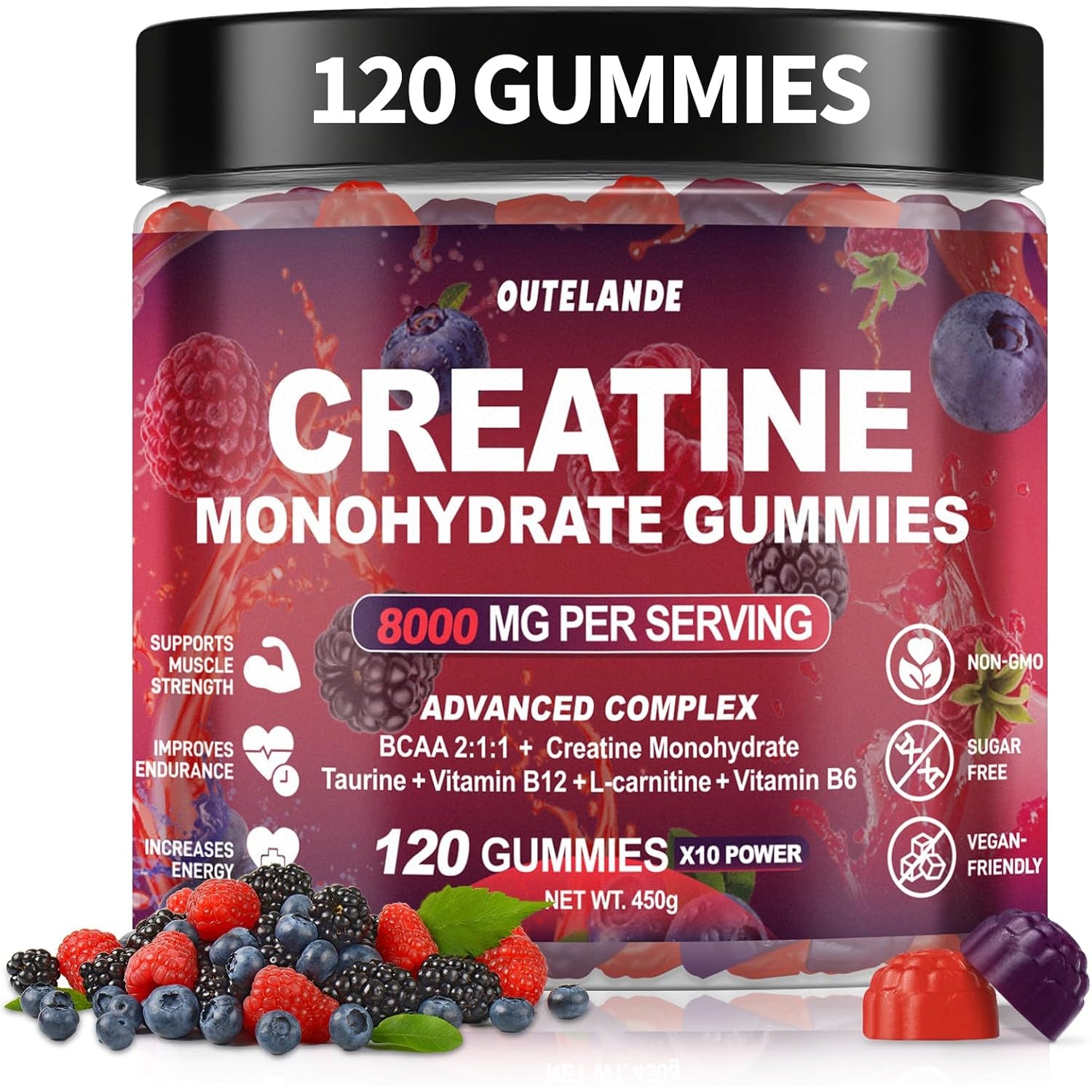 Creatine Monohydrate Gummies for Men & Women, Creatine Supplement for Enhanced Muscle Growth, Energy Boost - with L-Taurine, Sugar Free, Vegan, Raspberry Blackberry Blueberry Flavor-120 Count