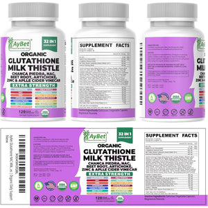 Glutathione NAC Milk Thistle Supplement | Liver Health Support | 32-In-1 Herbal Antioxidant Formula with Chanca Piedra, Turmeric, Dandelion Root, Beet Root & Zinc | Halal Vegan Organic Daily Wellness