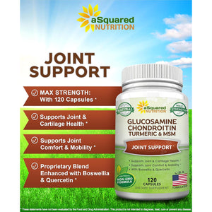 Asquared Nutrition Glucosamine Chondroitin Turmeric MSM Boswellia - 120 Capsules - Joint Support Supplement - Joint Support Relief Pills for Health - Natural Supplement for Back, Knee & Hands