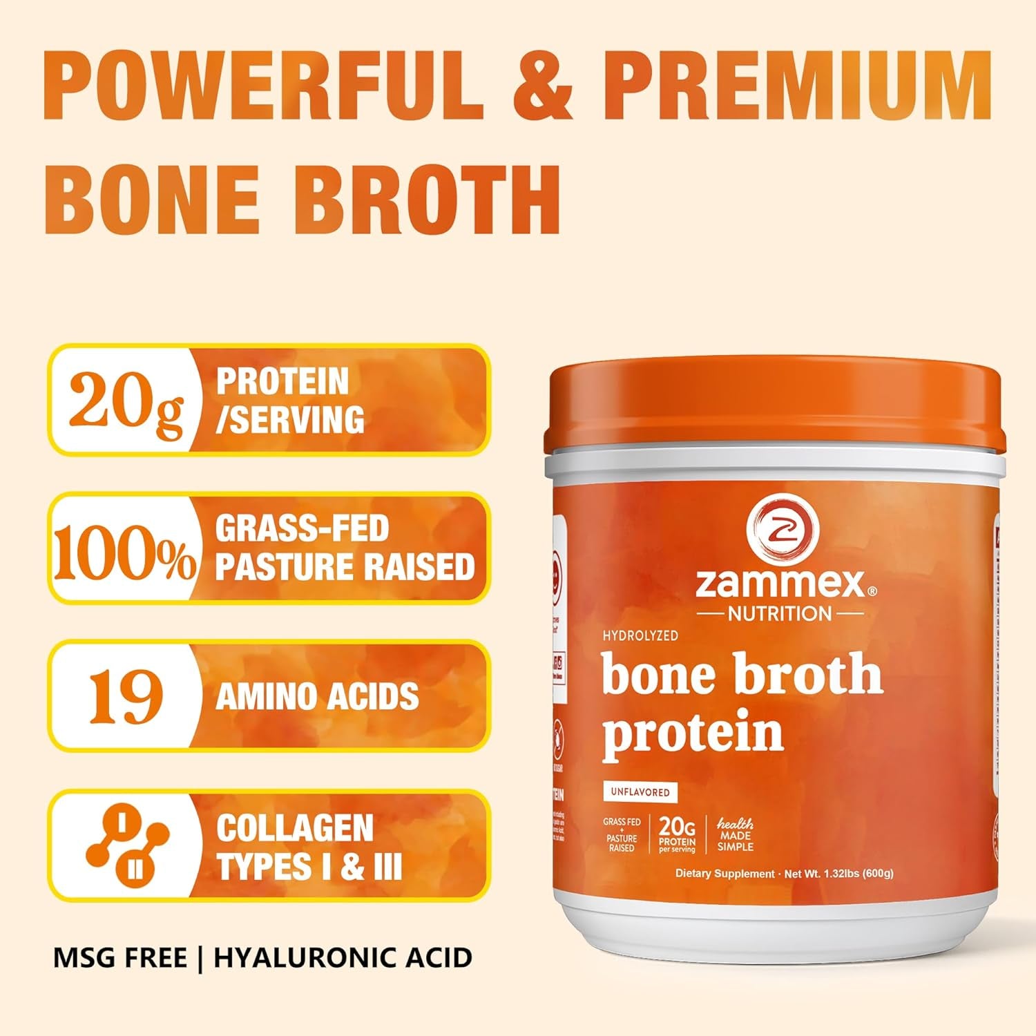 Zammex Pure Grass Fed Beef Bone Broth Protein Powder, 20G Protein, Hydrolyzed Collagen Supplement for Healthy Skin, Nails, Hair, Joints, Non-Gmo, Gluten Free, Paleo & Keto Friendly, Great in Soup