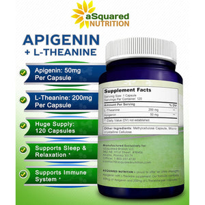 Asquared Nutrition Apigenin 50Mg & L-Theanine 200Mg - 120 Capsules - Apigenin Supplement Pills for Sleep and Relaxation - Natural Bioflavonoid Extract Found in Chamomile Tea