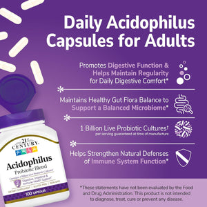 21St Century Acidophilus Probiotic Blend Capsules (100 Count), Daily Probiotic Supplement with Lactobacillus Acidophilus, Supports Digestive Health & Immune System, Non-Gmo, Gluten-Free