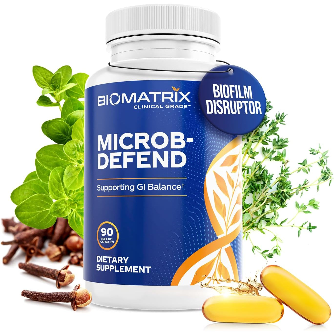 Biomatrix Biofilm Disruptor, GI Repair Digestive Supplement for Men and Women, Oil of Thyme, Oregano & Clove, Gut Microbiome & Intestinal Health Support | Microb-Defend (90 Softgels)