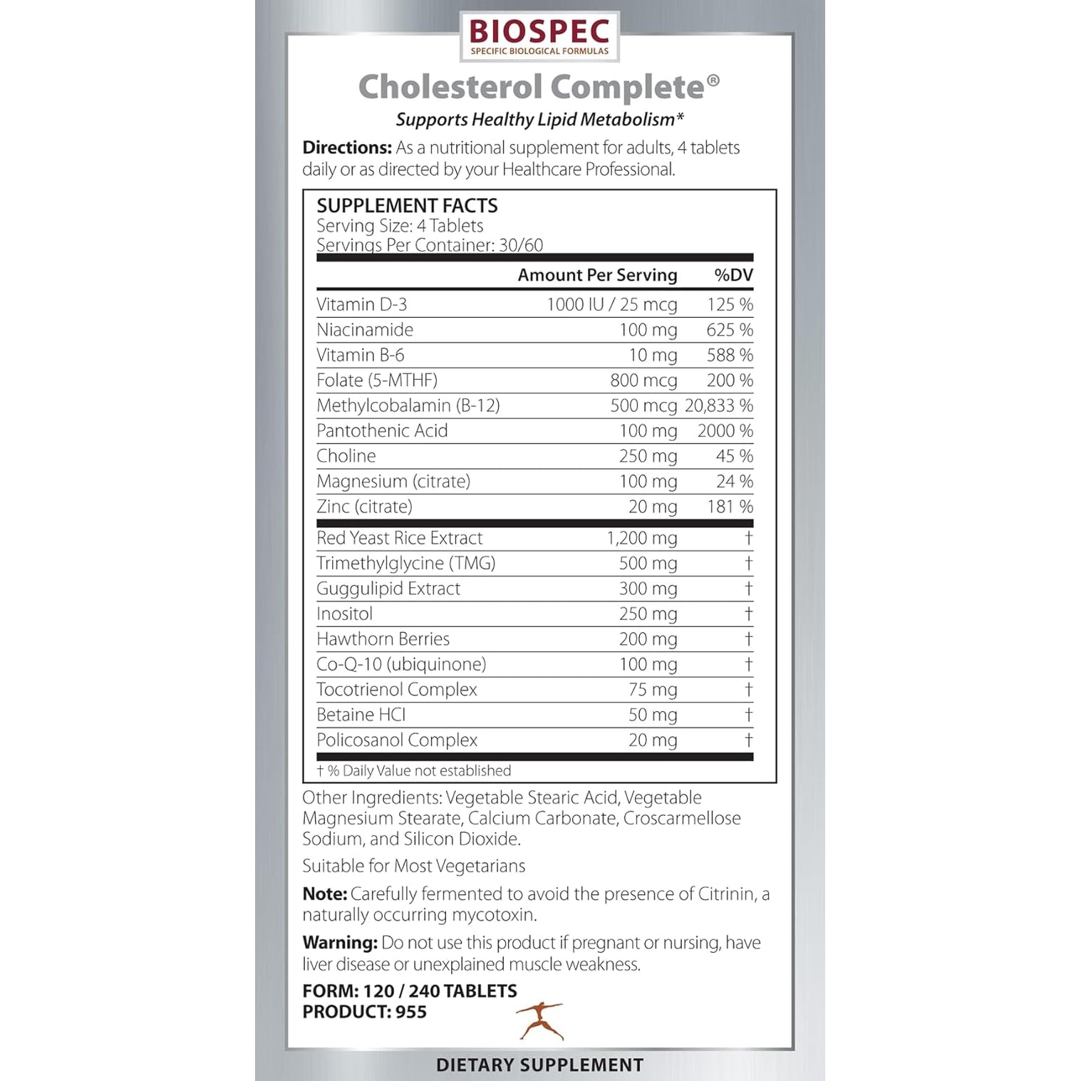 BIOSPEC NUTRITIONALS Cholesterol Complete - Natural Cholesterol Support for Cardiovascular and Heart Health* - Red Yeast Rice, CO-Q-10, Hawthorn, Magnesium (240 Tablets)