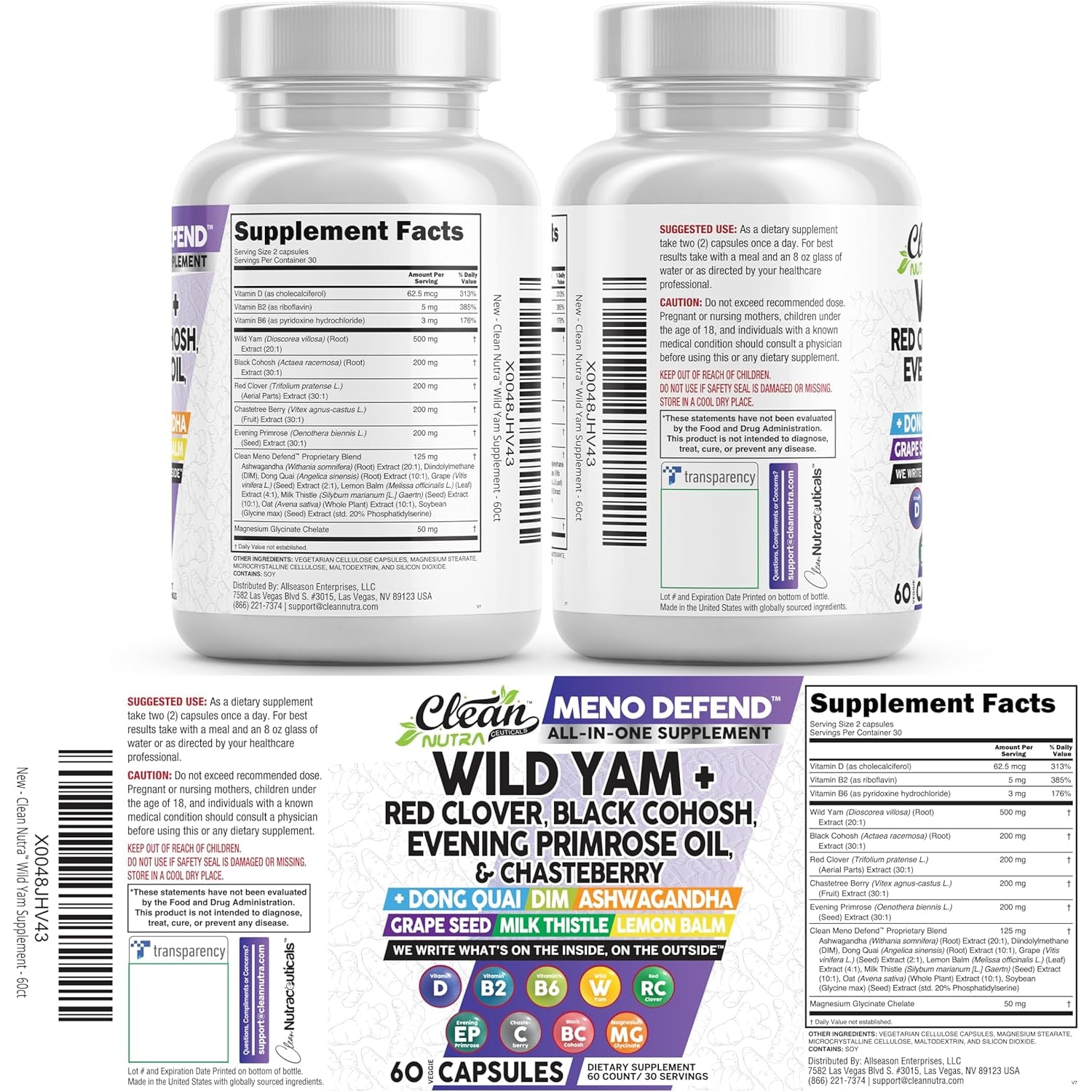Clean Nutra Wild Yam Root Capsules with Red Clover Black Cohosh Evening Primrose Oil Chasteberry Dong Quai DIM Ashwagandha Grape Seed Extract Milk Thistle Lemon Balm and More Hormone Balance for Women