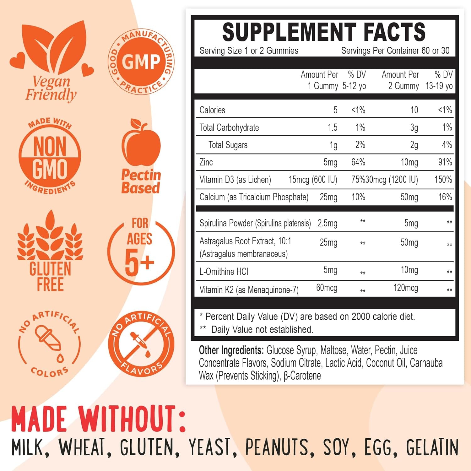 OH MY CHEWY Height Growth Vitamin Gummies for Kids & Teens - Growing up and Bones Support for Supplement with Calcium, Zinc, Vitamin D3, K2, Spirulina and Astragalus – Peach & Mango 60 CT