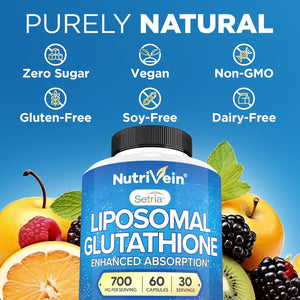 Nutrivein Premium Liposomal Glutathione Supplement 700 Mg - 60 Caps - Pure Reduced Glutathione Setria - Master Antioxidant - Cell Protection, Cleansing, Liver, Brain, Vitality, and Defenses
