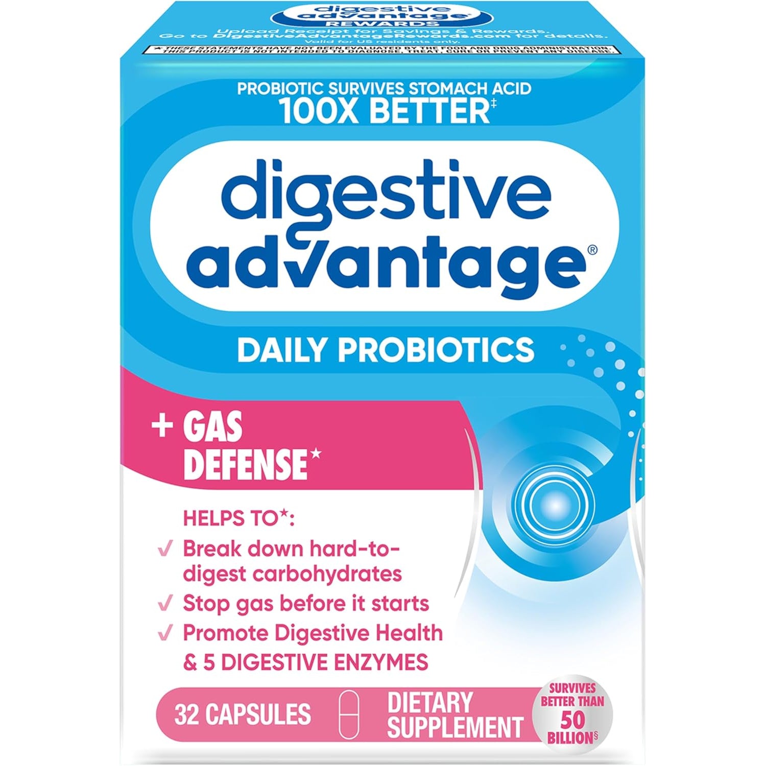 Digestive Advantage Gas Defense, Daily Probiotics for Women & Men Digestive Health with 5 Digestive Enzymes, Supports Gut Health & Stops Gas before Start, with Immune Support, 32 Capsules
