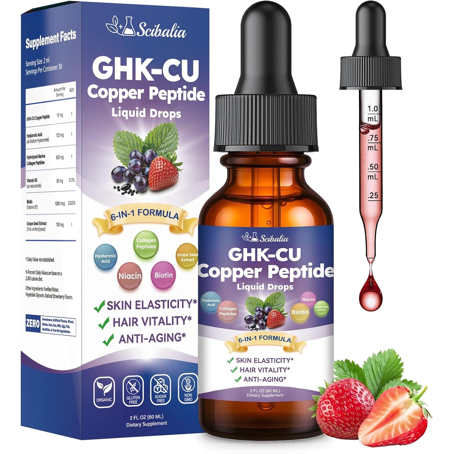 GHK-CU Peptide Supplement Liquid Drops, Premium 6-In-1 GHK CU Copper Peptides W. Marine Collagen Hyaluronic Acid Biotin for Anti-Aging, Skin Hair Growth Support, Oral Drops丨Women Men