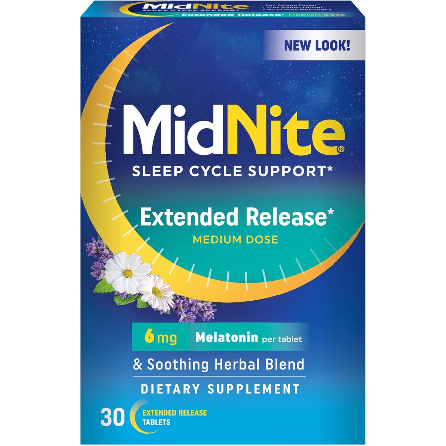 Midnite Extended Release Medium Dose, 6 Mg Melatonin Sleep Aid, Non-Habit Forming, Herbal Dietary Supplement for Adults, Drug-Free, Gluten-Free, Lactose-Free, Vegetarian, Vegan, 30 Tablets
