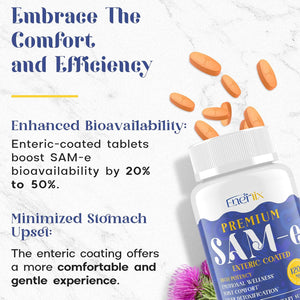 1200 MG SAM E Supplement for Brain, Mood, Joint, and Liver, High Absorption Sam-E (S-Adenosyl-L-Methionine) with Coq10, 5-HTP, Enteric Coated 60 Tablets, Vegan