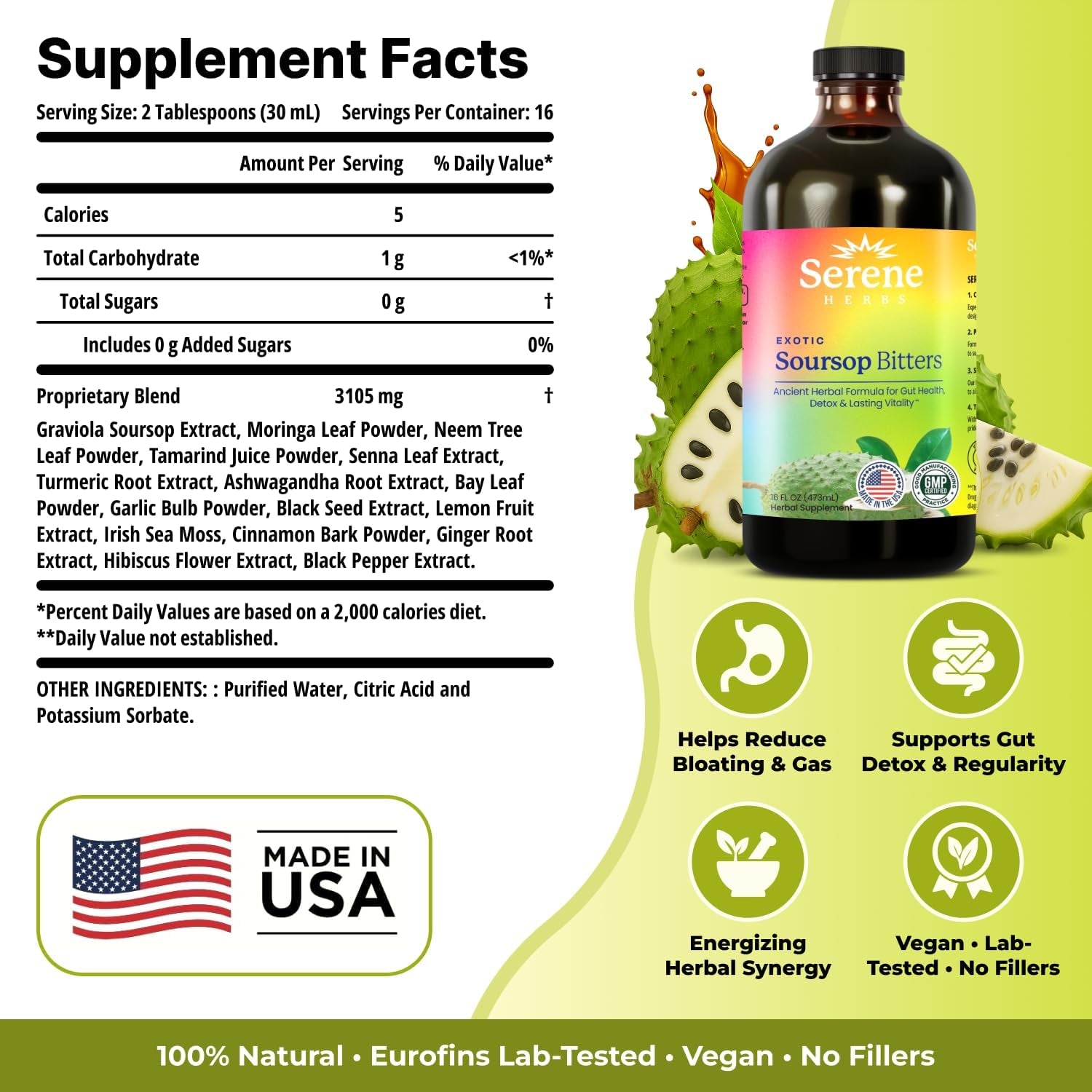 Serene Herbs Soursop Bitters Liquid with Soursop Leaves for Gut Cleanse, Detox & Immune Boost with Black Seed, Moringa, Irish Moss, Ashwaganda, Turmeric, 16 Fl Oz (16 Fl, Soursop)
