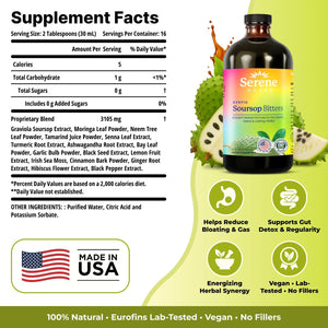 Serene Herbs Soursop Bitters Liquid with Soursop Leaves for Gut Cleanse, Detox & Immune Boost with Black Seed, Moringa, Irish Moss, Ashwaganda, Turmeric, 16 Fl Oz (16 Fl, Soursop)