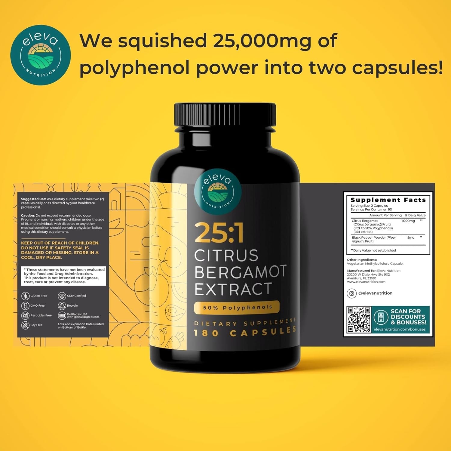 Citrus Bergamot Extract 1000Mg Capsules — Natural 25:1 Citrus Bergamot Supplement with 50% Polyphenols and Black Pepper Extract — Natural Formula Vegan and Non-Gmo — 180 Capsules