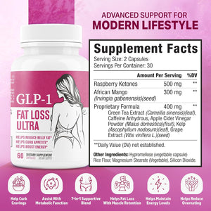 GLP-1 Fat Loss Ultra - Weight Loss Pills, Appetite Suppressant & Fat Burner for Women | Supports Healthy Pathways Associated with GLP-1 Activity | 3Rd Party Tested Supplement - 60 Capsules for Adults