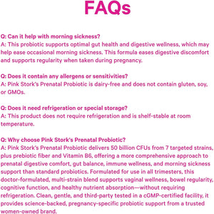 Pink Stork Prenatal Probiotic for Women with 50 Billion CFU | Vitamin B6 & Prebiotics | Pregnancy Probiotics for Morning Sickness | Digestive, Immune, & Gut Health | Vegan & Gluten-Free | 30 Capsules