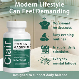 Clair Magnesio Premium, Premium Magnesium Glycinate, Non-Gmo Ingredients, Daily Routine, Vegan-Friendly 90 Capsules