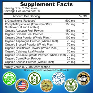Liposomal Glutathione 500Mg - Active Form L Glutathione (Reduced) for Maximum Absorption - Made with Organic Whole Foods - Master Antioxidant & Detoxifier - Immune & Cardiovascular Support - 60 Count