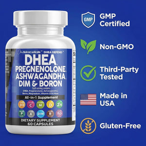 DHEA 200Mg Supplement Pregnenolone 100Mg for Men & Women with DIM Ashwagandha Boron 6Mg Complex Calcium Magnesium Zinc 50Mg Vitamin D3 5000 IU Hormone Support Capsules Pills Made in USA 60 Count