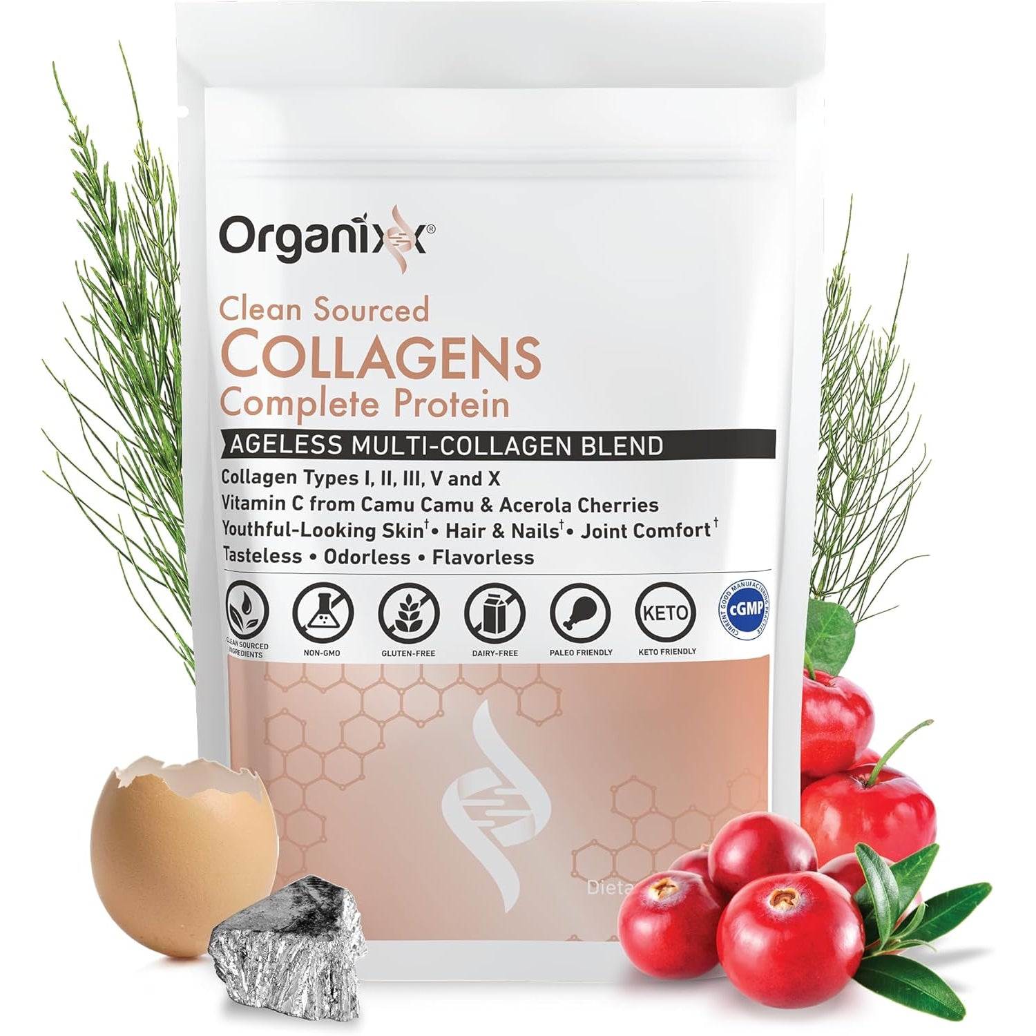 Organixx Clean Sourced Collagen Peptides Powder with Vitamin C, Types I, II, III, V, X Hydrolyzed Collagen, Hair, Nail, Skin, Bone & Joint Health, Aging Support, Gluten Free, Unflavored, 20 Servings